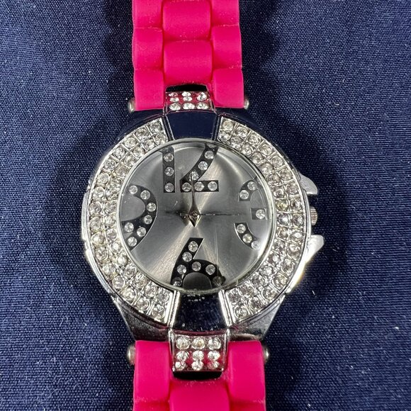 Stylish Womens Pink Silicone Strap Watch With Rhinestone-Embellished Stainless S - Picture 2 of 3